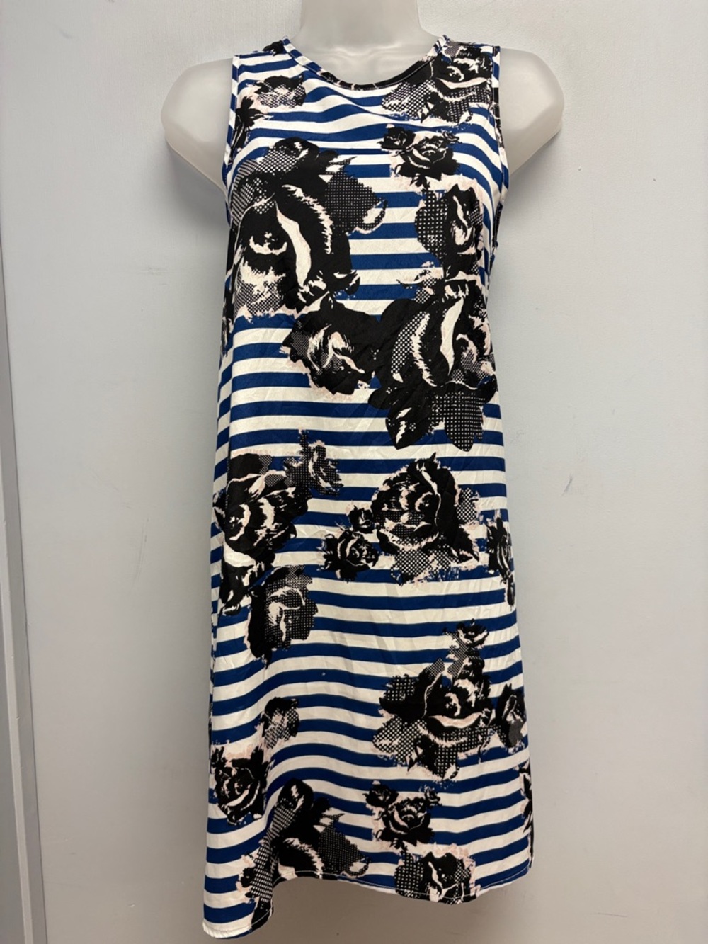 Leyden Striped Floral Sleeveless Dress Blue White Black Shift Dress XS Made USA